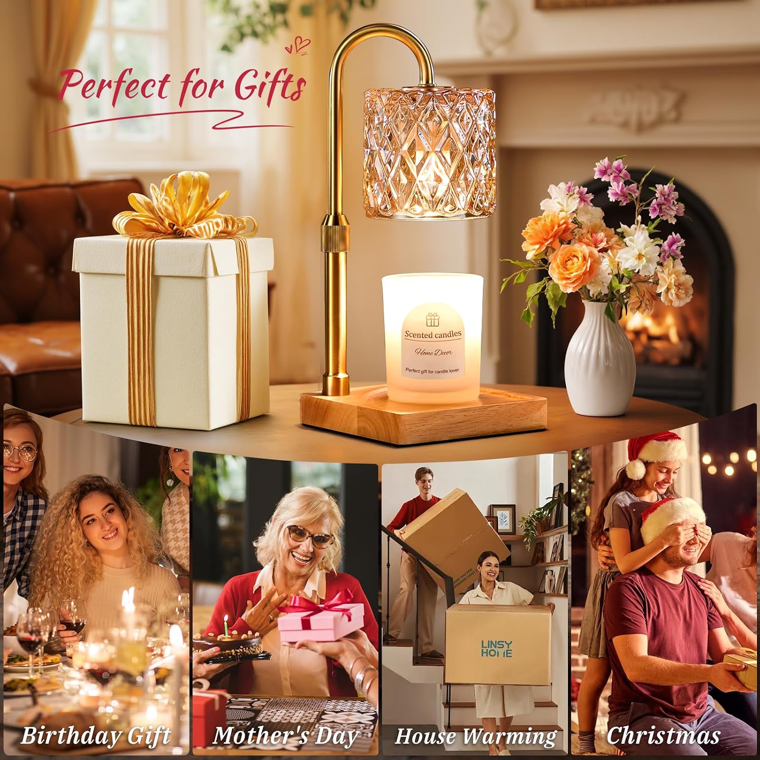 Hong-in Candle Warmer Lamp with Timer -Dimmable Adjustable Height Wax Melt Warmer for Jar Candles,Vintage Home Decor with Elegant Amber Glass,Birthday Gifts for Women, Mom, Friend, Sister