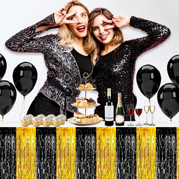 3 Pack 29x108 Inch Black Gold Foil Fringe Table Skirts Metallic Banner for Tinsel Streamer Garland Backdrop for Parade Floats Wedding Thanksgiving Birthday Christmas Halloween Party Decoration