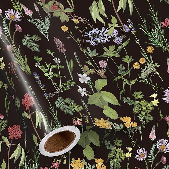 RUSPEPA Wild Flower Wrapping Paper Roll for Women Girls, Mini Roll, Elegant Black Floral Design Gift Wrap Paper Perfect for Birthday, Bridal Shower, Spring, Wedding, Mother's Day, 17 Inch x 16.4 Feet