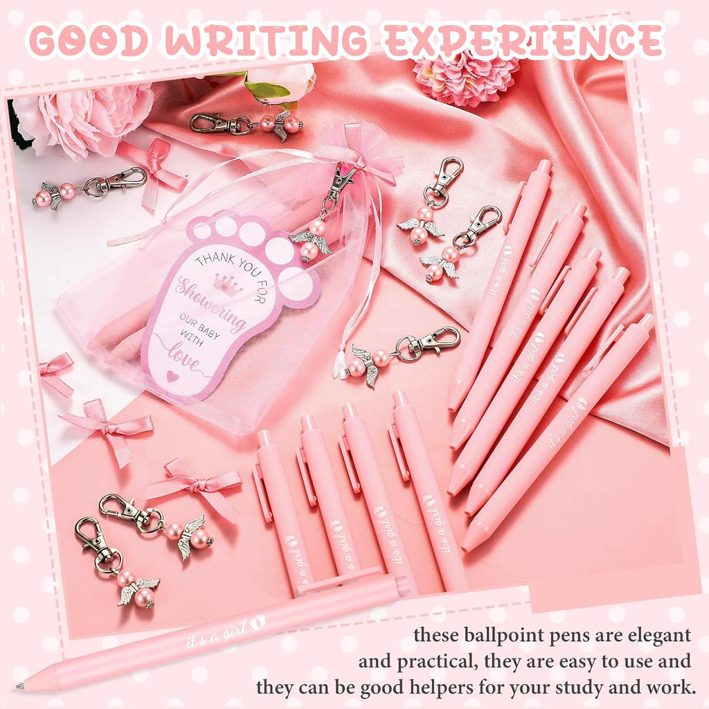 Ctosree 250 Pcs Baby Shower Favors Includes Ballpoint Pens Angel Keychains Organza Bags Thank You Cards for Guest Gifts Baby Shower Gender Reveal Party(Pink,It's a Girl)