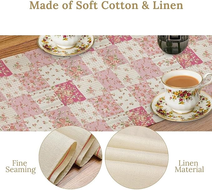 Patchwork Table Runner, Boho Vintage Pink Wildflowers Bohemian Paisley Flower Farmhouse Table Center Decor for Home Kitchen Dining Patio Holiday Party Indoor Outdoor Table Decorations, 13"x90" Inch