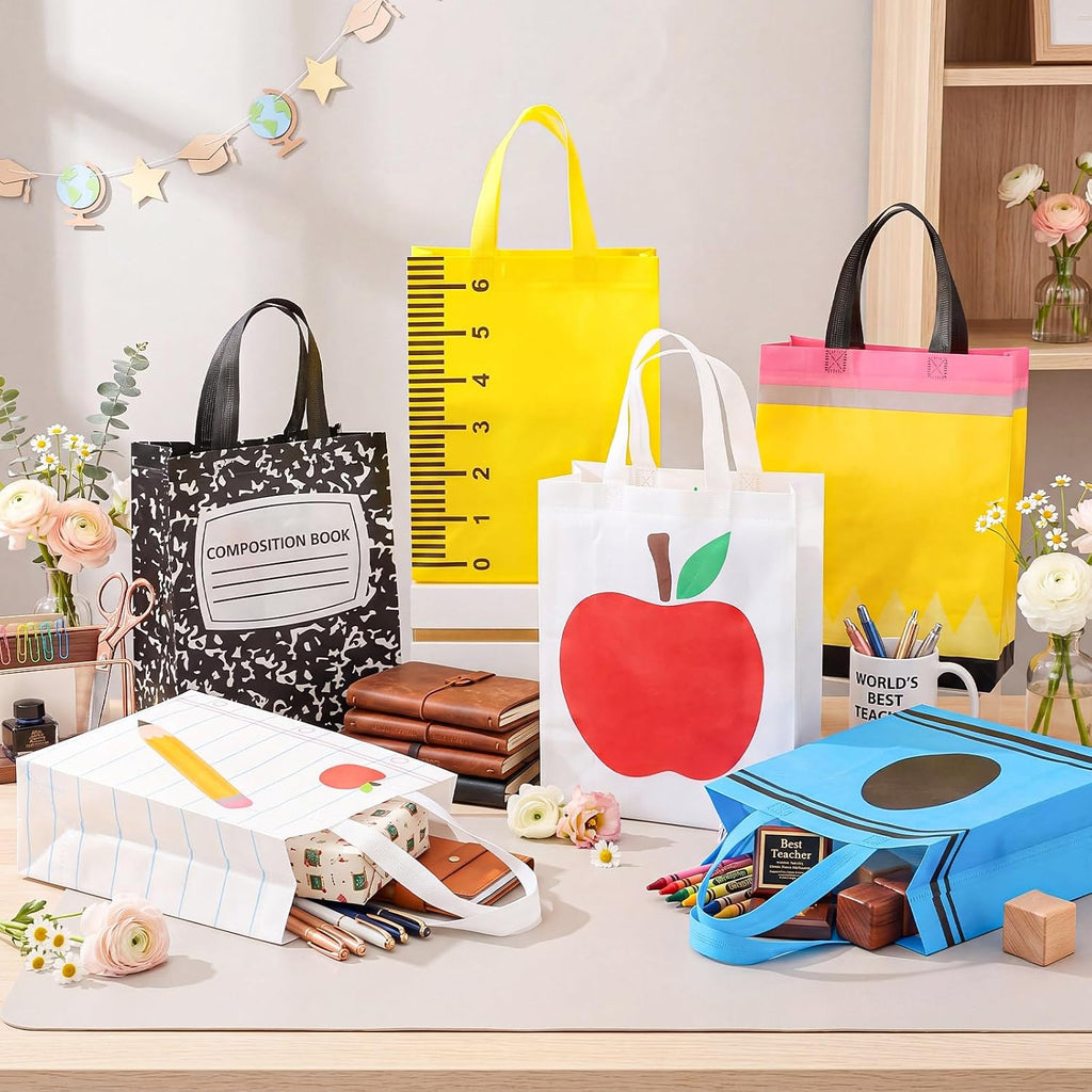 Sweetude 60 Pcs Back to School Gift Bags with Handles, 12.6 x 9.84 x 4.33 Inch Reusable Teacher Appreciation Tote Bags, Non Woven for First Day of School Party Favors Classroom Teacher Student Gifts
