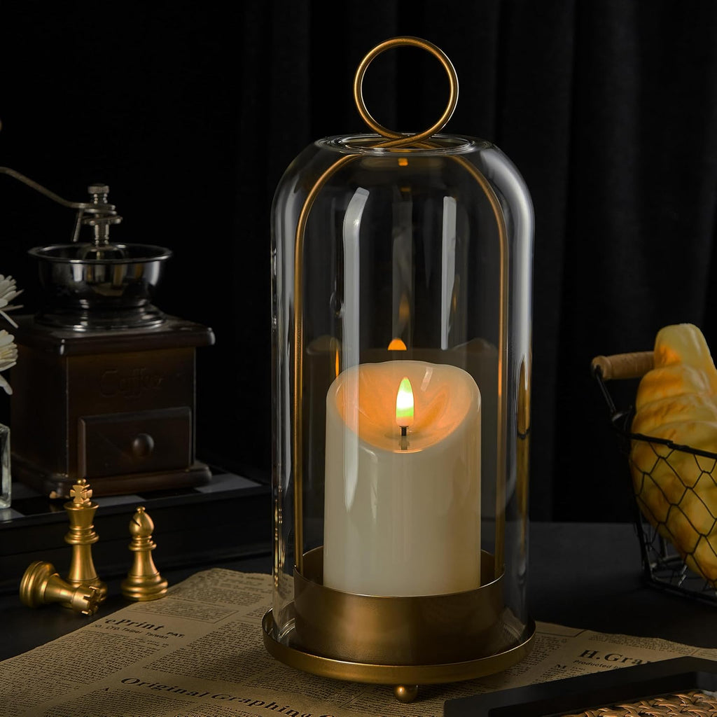 5"&4" Metal Candle Holder with Handmade Glass Dome in Brass & 2 Timer Candles, Set of 2 Versatile Hurricane Glass Candle Holders for Pillar Candles & Plants