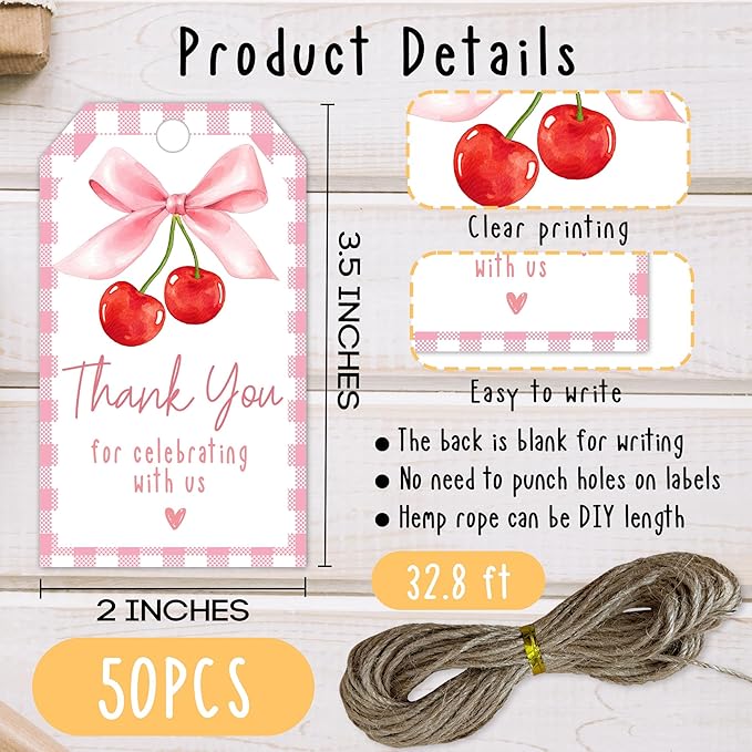 Cherry Gift Tags, 2x3.5 Inch Pink Bow Gift Tags, 50Pcs Thank You for Celebrating with Us Label, Paper Personalized Design Labels for Wrapping Party Favor-A12