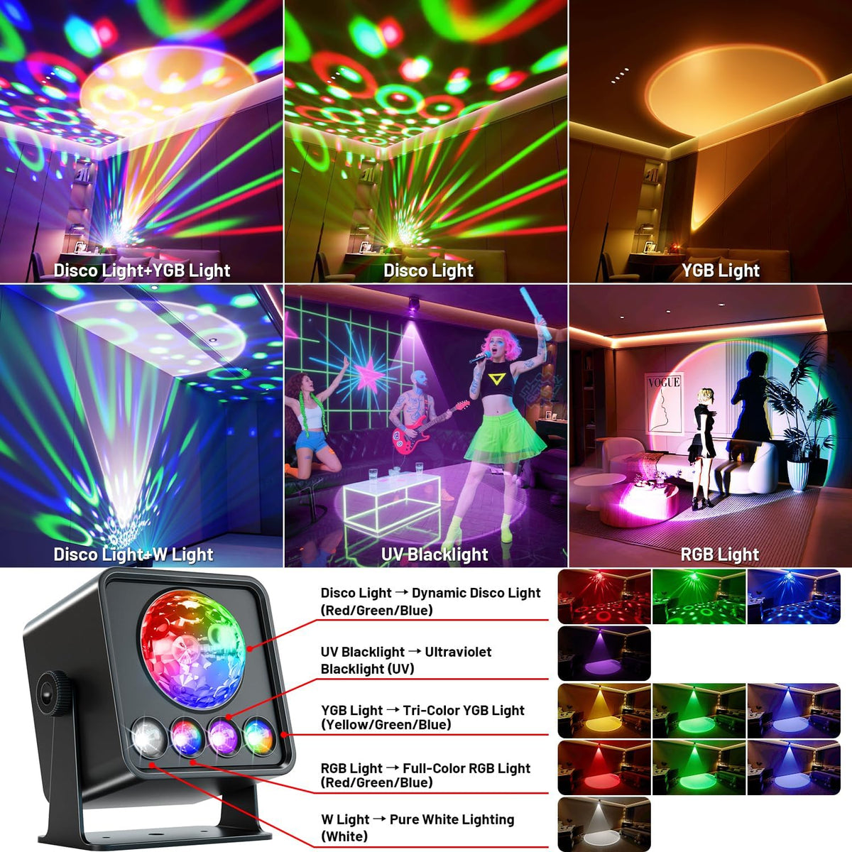 Disco Ball Party Lights Disco Light Sunset Lamp Projector with RGB+UV+White+Y...