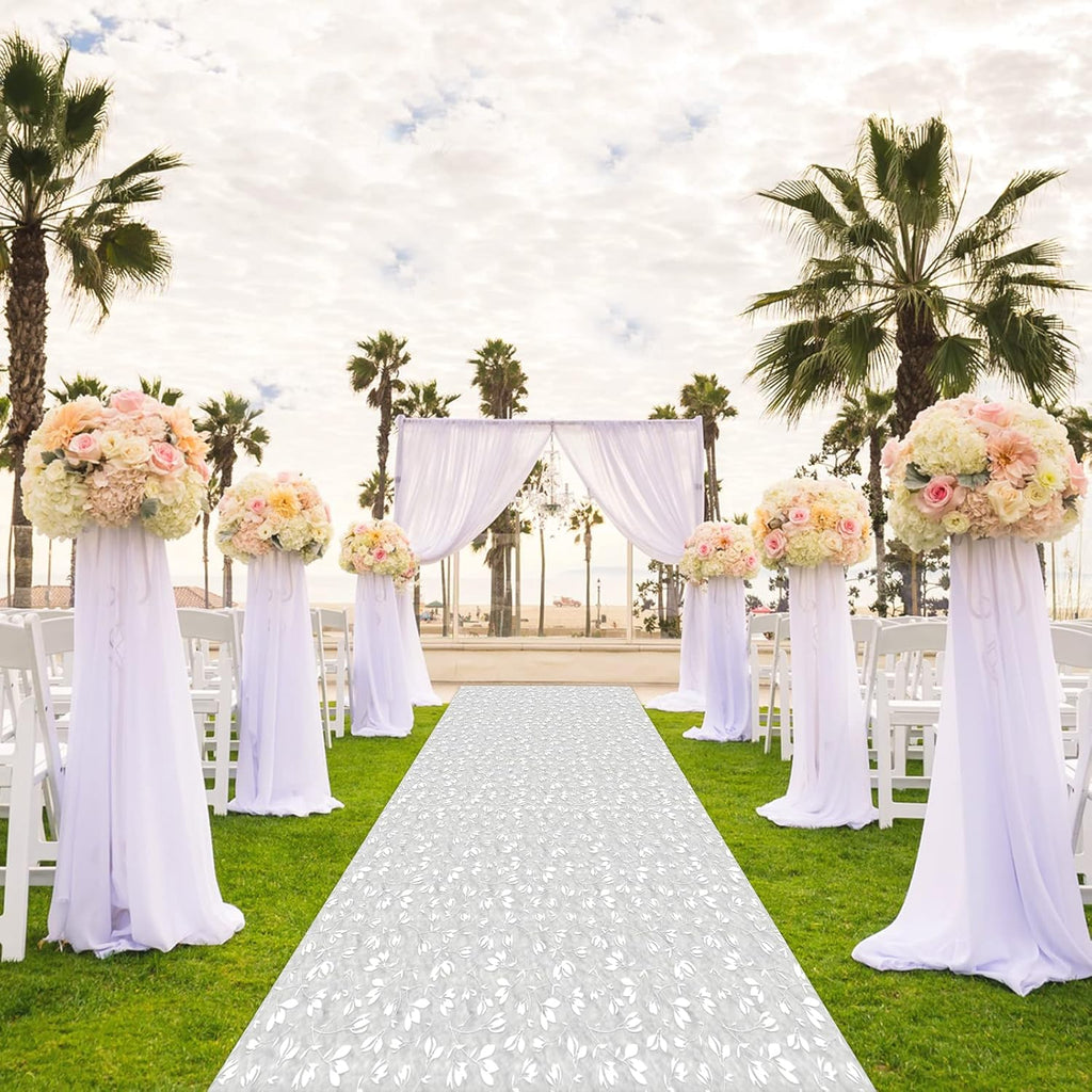 EZLucky Extra Long Wedding Aisle Runner 3x100 ft, White Non-Slip Runner with Double-Sided Tape & Pull Cord, Indoor Outdoor Aisle Runner for Wedding Ceremony, Cuttable Scroll Pattern