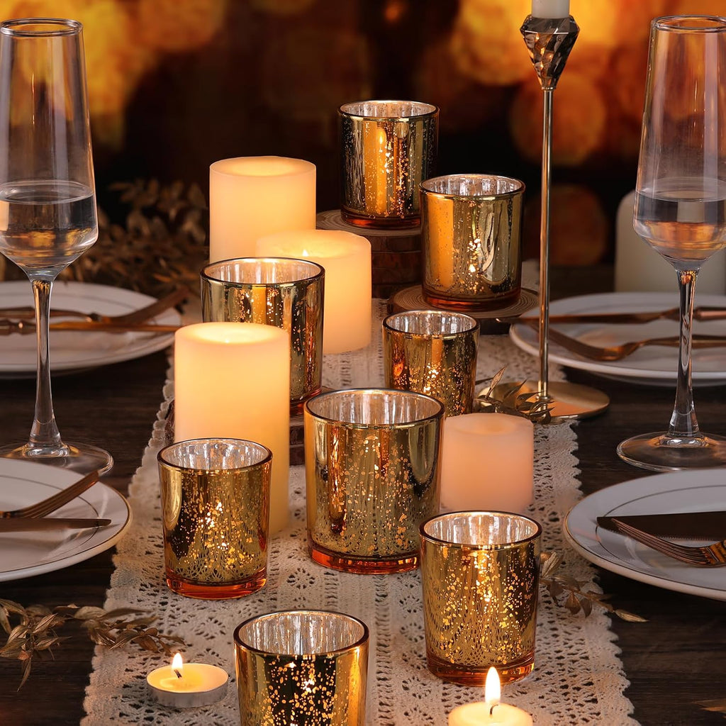 Volens 24pcs Assorted Gold Votive Candle Holders for Wedding Table Centerpieces, Large Mercury Glass Candle Holder for Votive & Tealight Candle, Gold Party Decorations for Bridal and Baby Shower