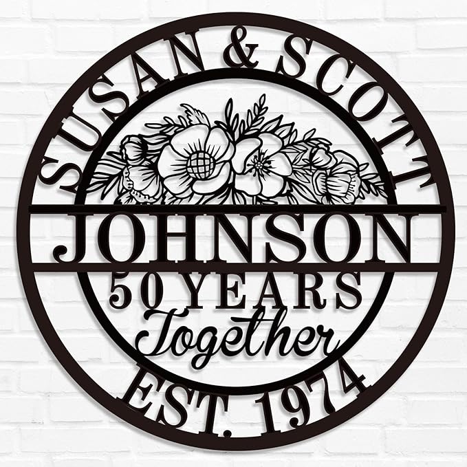 Custom 50th/40th/60th/70th/30th/1-99 Years Wedding Anniversary Sign Gifts for Couples Parents, Custom Metal Monogram Sign Personalized Family Name Signs (Flowers)