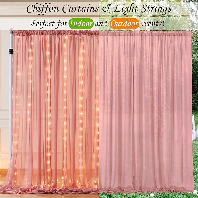 10ft x 7ft Dusty Rose Chiffon Backdrop Curtain with Lights String for Parites Wedding Wrinkle Free Curtain Photo Backdrops Drapes for Baby Shower Birthday Party Home Decorations