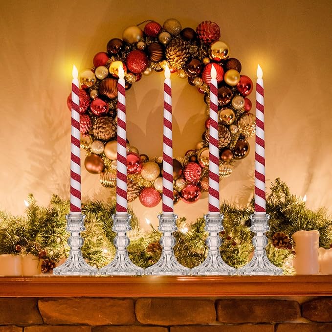 Baquler 6 Pcs Christmas Flameless Taper Candles 10.6 Inch Glitter Candy Cane Candles Battery Operated LED Christmas Candlesticks for Xmas Centerpiece Holiday Party Decor