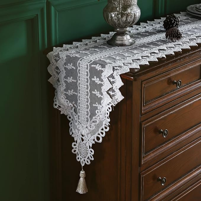 patdrea Designer Vintage White Lace Table Runner,Crochet Decorative Table Covers,Chiffon Embroidered Tasseled Table Runners, Cutwork Dresser Runners,Christmas Wedding Party Bridal 16x87 Inches Long