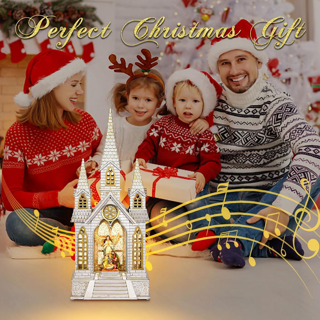 DGSCAK 16" Lighted Musical Church Snow Globe, Nativity Scene Water Lantern with Hand-Painted Holy Family & Angel, Swirling Glitter, 6H Timer, USB or Battery, Christian Christmas Decor