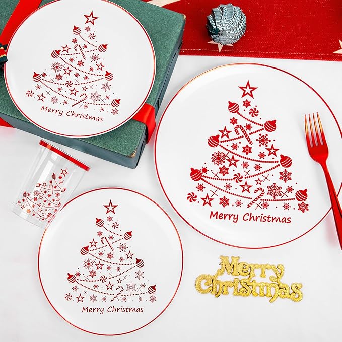 Supernal 150pcs Christmas Dinnerware - Plastic Plates, Cups, Silverware with Red Christmas Tree Pattern for Party and New Year