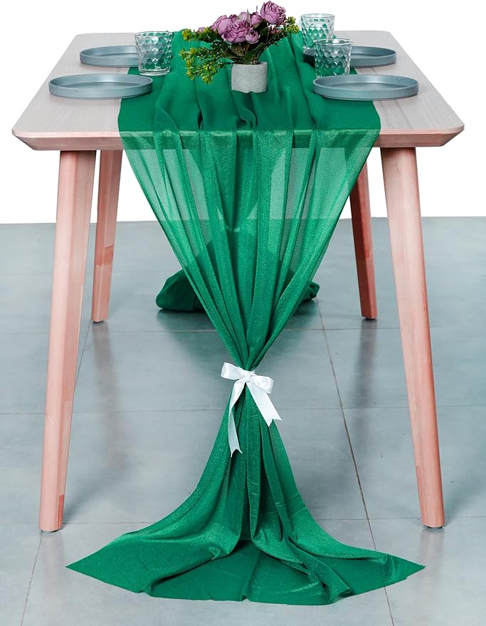 MDS 20 Pack 10ft Chiffon Table Runner 29 x 120 Inches Sheer Wedding Runner Romantic Rustic Table Runner for Wedding Decorations, Birthday Parties, Bridal Shower Party Arch Decor - Emerald Green