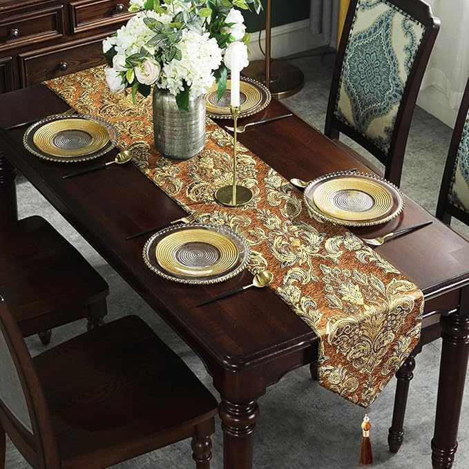 Vintage Table Runner 13x98 Premium Chenille for Thanksgiving Party Fireplace Decorations - Caramel