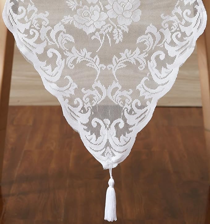 LinenZone White Table Runner with 2 Tassels for Rustic Vintage Decor. Lace Table Runner Works Great As Wedding, Thanksgiving or Christmas Decor (Mia 14 x 36, White)