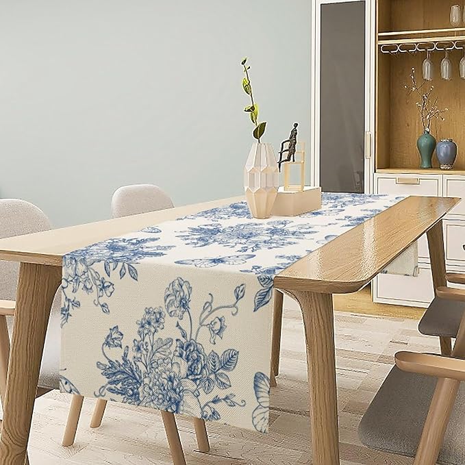 Monochrome Sketch Flowers Table Runner, Seasonal Spring Fall Plants Blue Florals Butterfly Dinner Runner for Home Kitchen Dining Table Party Holiday Decoration 13"x36"