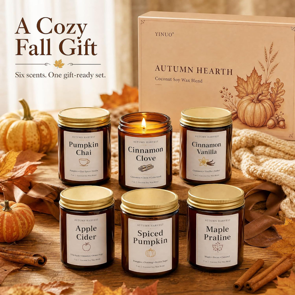 Fall Scented Candle Set of 6, 7 oz Soy Candles for Home, Autumn Gift Set