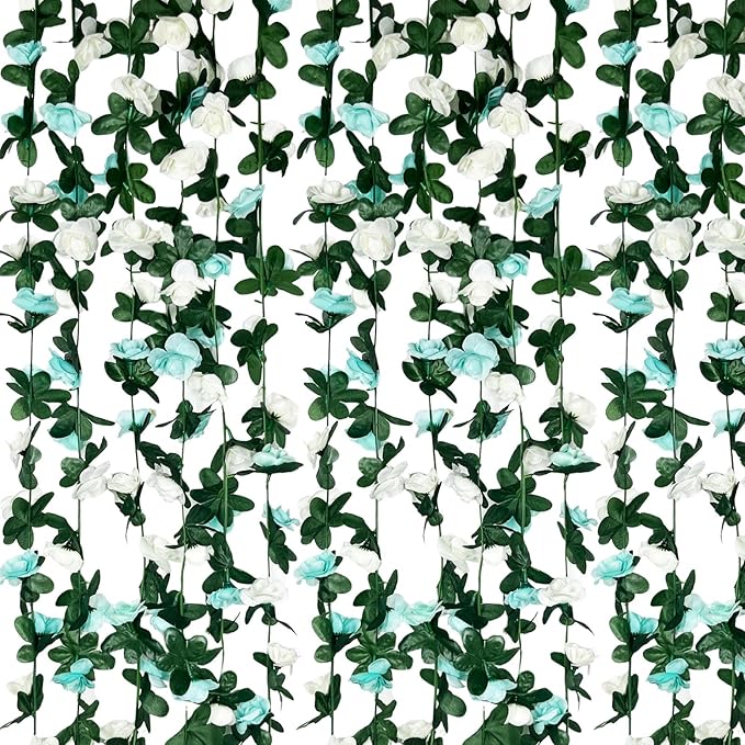 16Pcs 126Ft Teal&White Rose Garland, Fake Rose Hanging Flowers, Artificial Flower Vine, Hanging Floral Vine Garland for Wedding, Birthday Party, Wall Arch, Halloween, Christmas Garden Backdrop Decor
