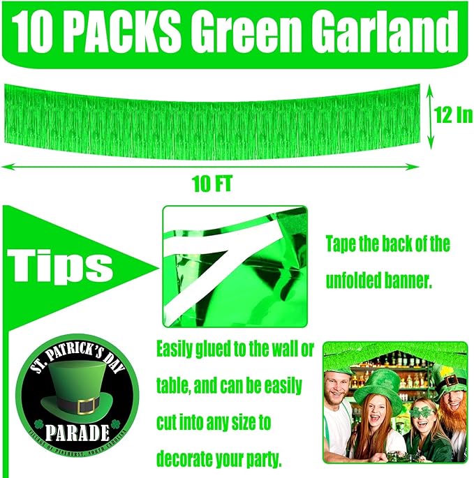 10 Pack 10 Feet Foil Fringe Garland Metallic Tinsel Streamers Banner Wall Hanging Curtain Backdrop for Parade Floats, Bachelorette, Wedding, Birthday, St Patrick Day, Party Decorations(Green)