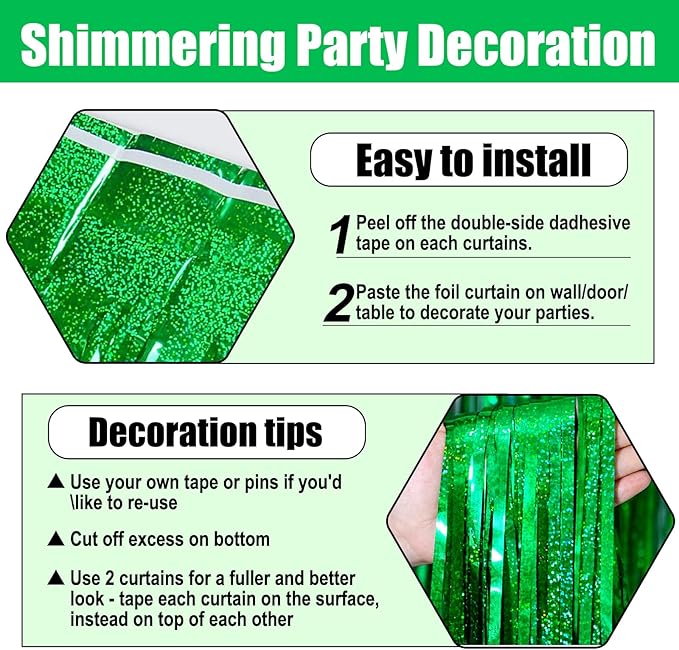 6 Pack Green Foil Fringe Curtain Backdrop, 3.28Ft x 8.2Ft Metallic Tinsel Foil Fringe Streamer Curtains for Photo Booth, Birthday, Wedding, New Year Party Decorations
