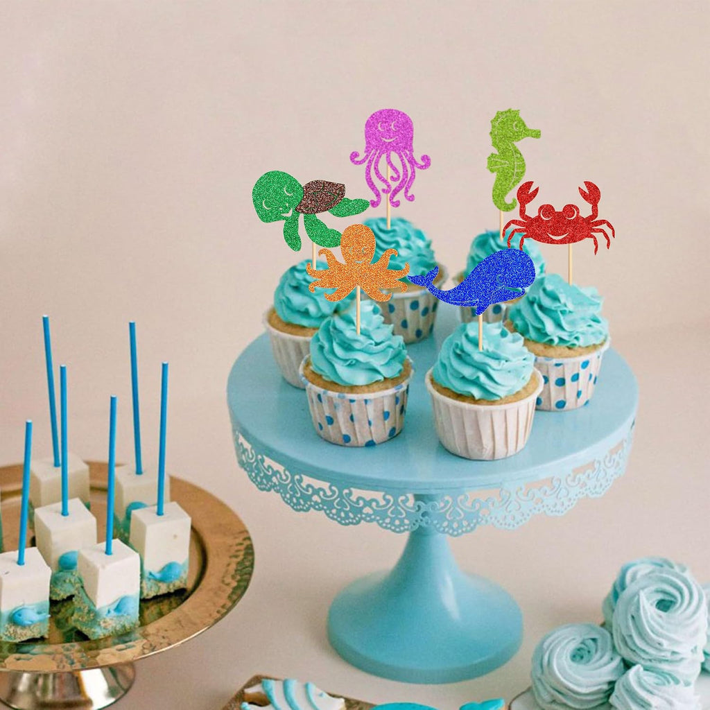 Ercadio 24 Pcs Marine animals Cupcake Toppers Picks Octopus Whale Sea Turtle Jellyfish Sea Horse Crab Cake Under the Sea Beach Cake Decoration Baby Shower Kids Birthday Party Supplies