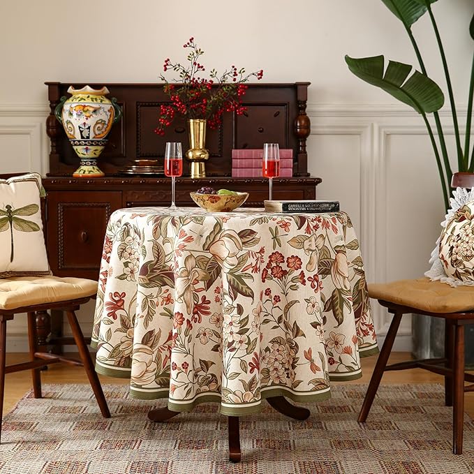 ISAENNE Designer Bohemian Linen Round Table Cloth,Colorful Floral Pattern Tablecloth,Wrinkle Resistant Decorative Tablecloths for Dining Thanksgiving Kitchen Party,Diameter 67"-Grace A