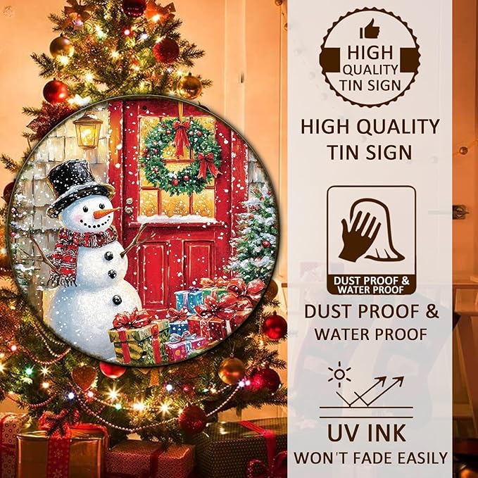 Round Wall Decor Christmas Metal Tin Sign Snowman Sign Rustic Wall Decor Wall Plaque Snowman Wreath Sign for Christmas Round Wreath Wall Decor Vintage Garage Yard Home Decor 12 * 12 in