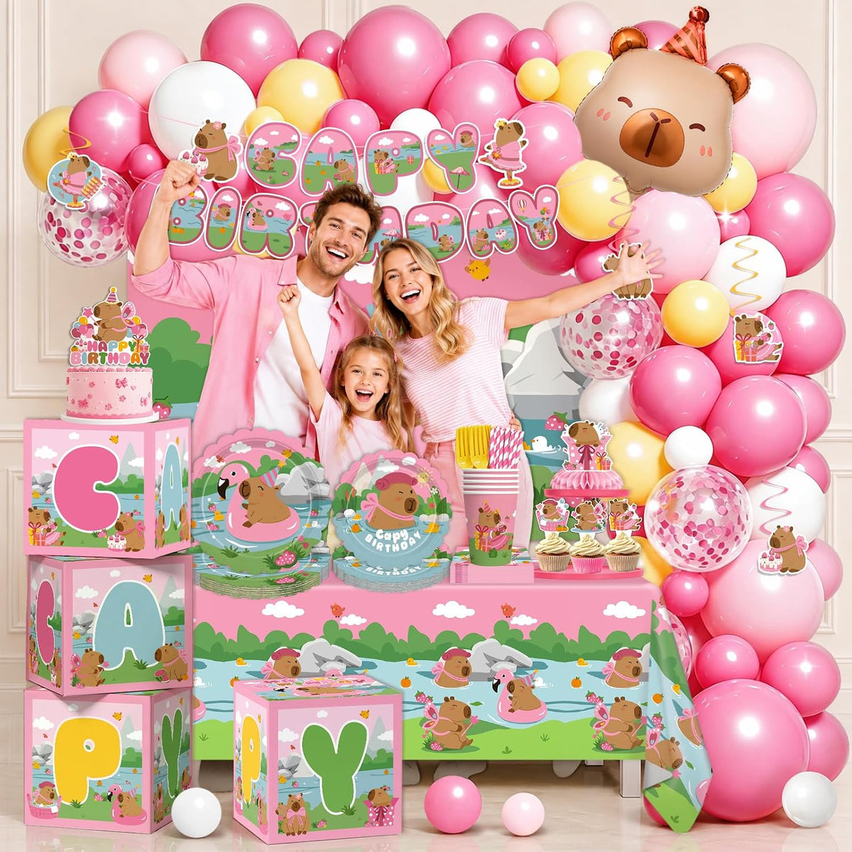 pink capybara birthday party decorations balloon arch set, front angle view