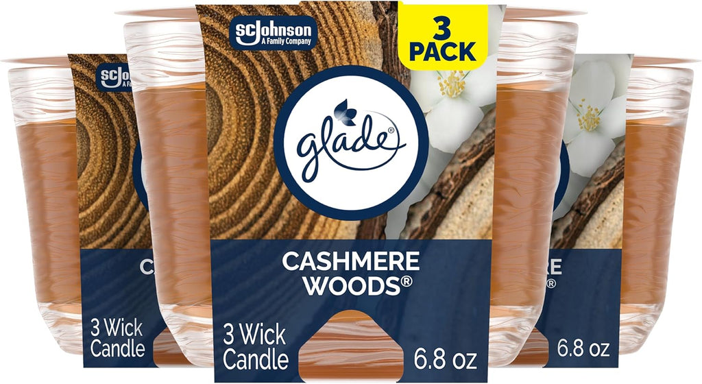 Glade Candle Cashmere Woods, Fragrance Candle Infused with Essential Oils, Air Freshener, 3-Wick Candle, 6.8 Oz, 3 Count