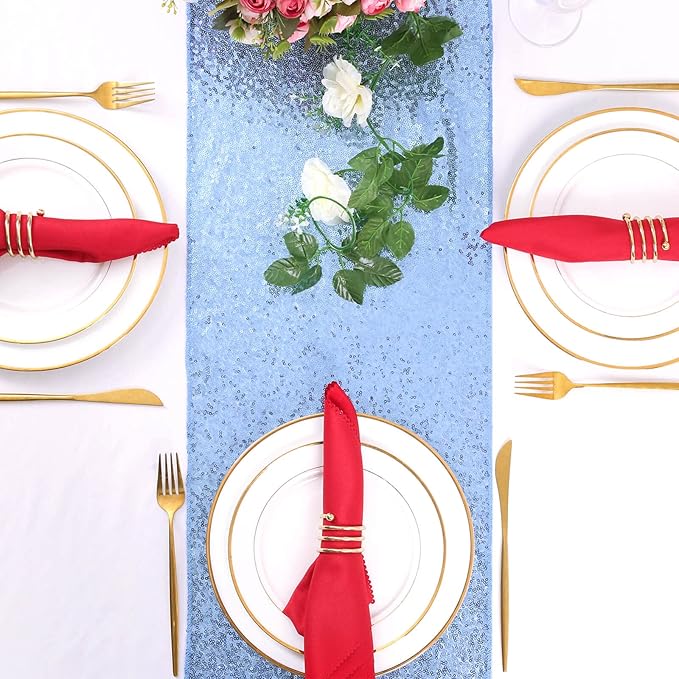 Sequin Table Runners 5 Pieces Baby Blue Table Runners 12x72 Inch Glitter Table Cover for Party Wedding Birthday Reception Banquet Decoration Spring Party Chair Sashes