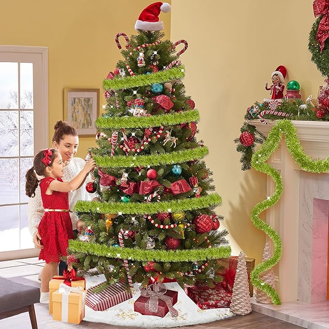 25 Feet Metallic Twist Tinsel Garland - Wall Hanging Backdrop for Parade Floats, Christmas Eve, New Year, Valentine's Day Parties (Light Green, 4in x 25ft)