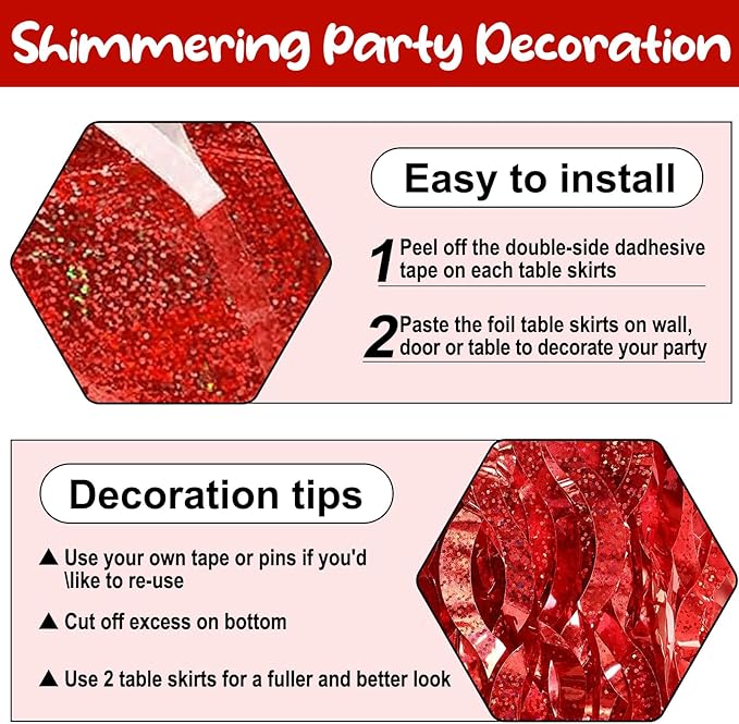 6Pack 29 x108 Inch Red Wave Foil Fringe Table Skirts Metallic Banner for Tinsel Streamer Garland Backdrop for Parade Floats, Mother's Day, Easter, Graduate, Birthday, Wedding Party Decoration