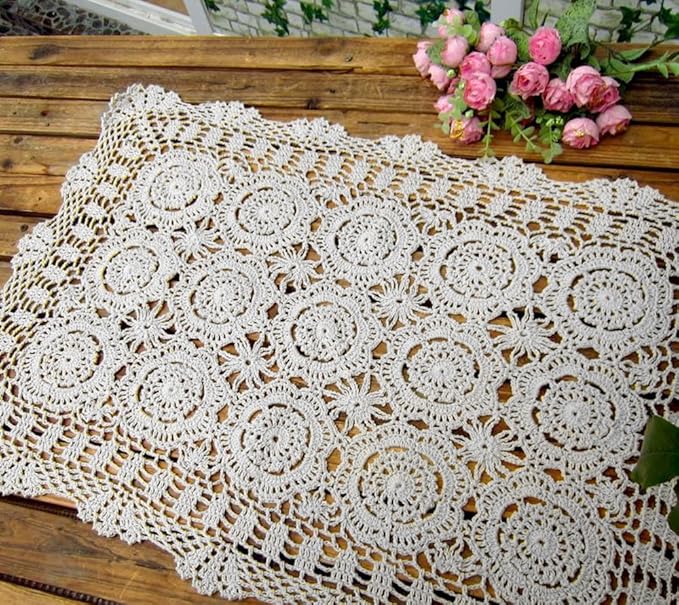 Cotton Handmade Crochet lace Table Runners Rectangular Tablecloth Doilies Doily Table Dresser Scarf Décor,19x35Inch,White