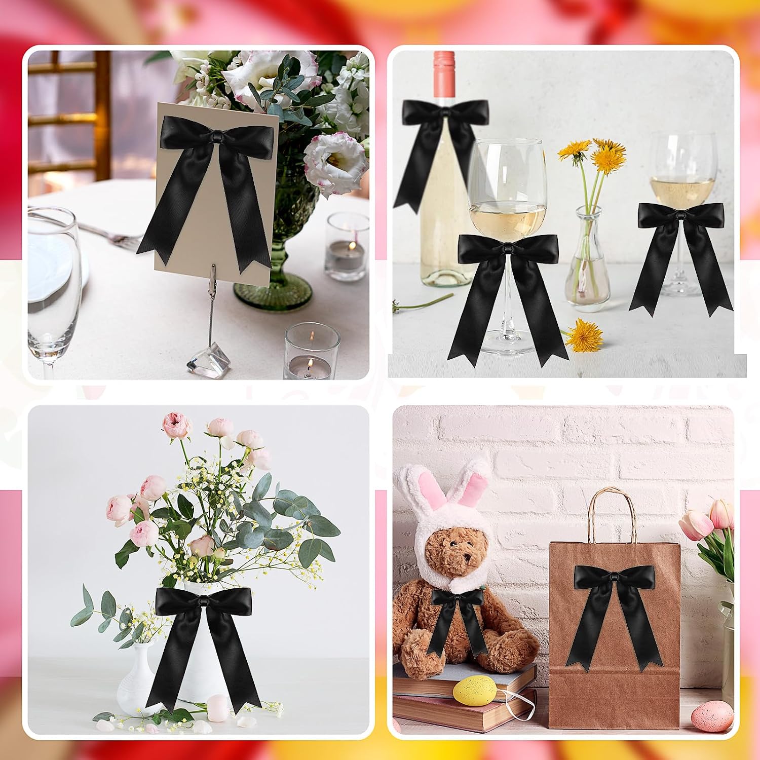 Riceshoot 24 Pcs Black Satin Ribbon Bows 5x7'' Self Adhesive Stick on 1.57 Inch Wide Premade Satin Bows with Double Sided Tape for Gift Wrapping Balloons Crafts Wedding Birthday
