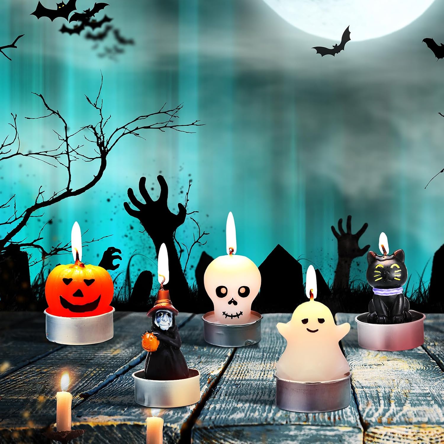 Jutom 20 Pcs Halloween Candles 5 Styles 1.6"x 1.8" Mini Tealight Candles Bulk Cute Pumpkin Ghost Witch Black Cat Shaped Halloween Trick or Treat Haunted House Activity Decorations Party Supply