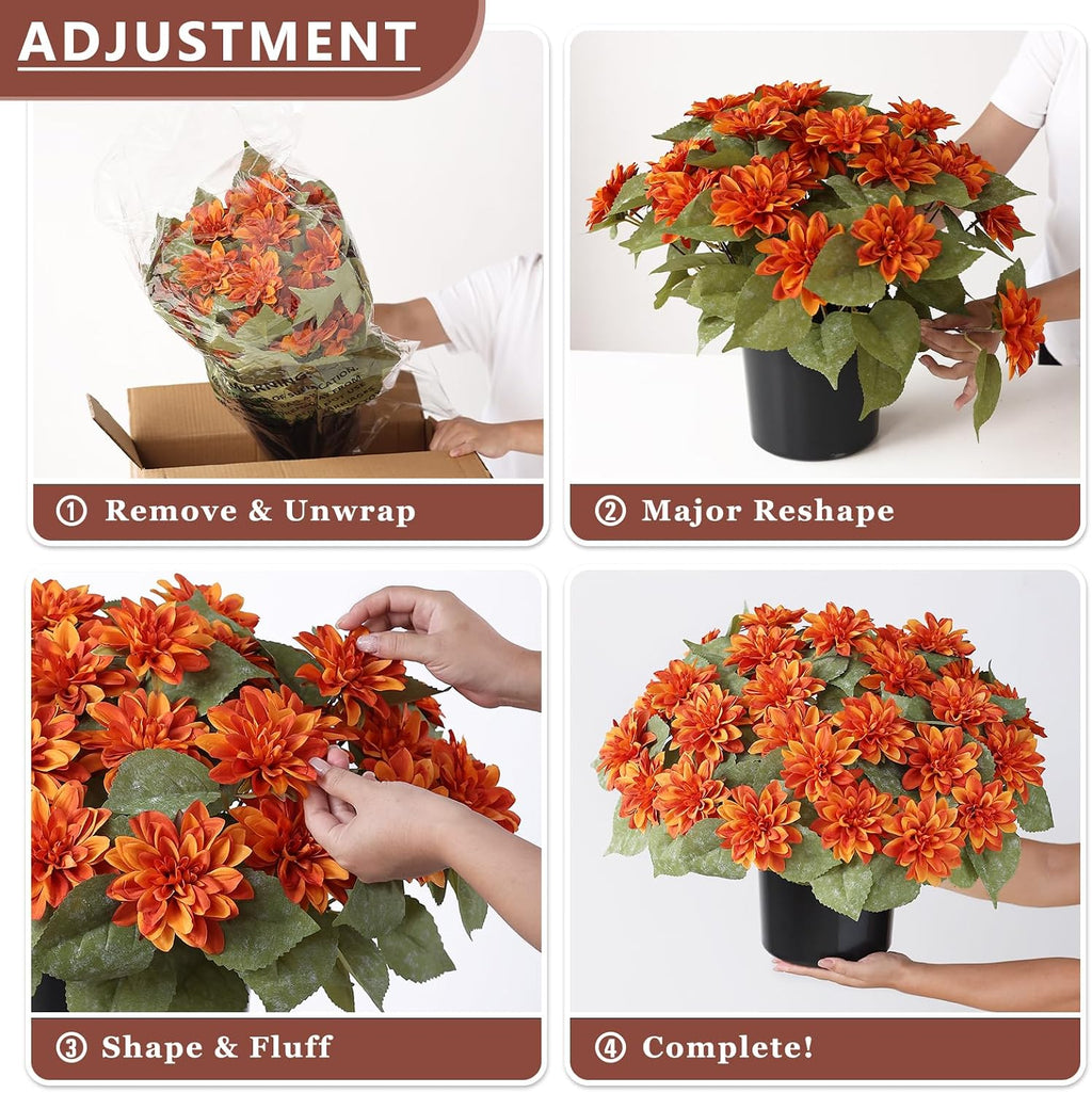 VIERENA 2 Set of Fall Artificial Dahlia Topiary Ball Trees - Fake Silk Dahlia Flower Bushes, UV Resistant Faux Floral Shrub Potted for Front Door Porch Farmhouse Outdoor Autumn Decor (Orange)
