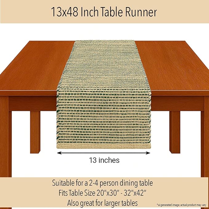 Chardin home Natural Jute Table Runner 13x48 Inch – Vintage Boho Rustic Table Decor – Handwoven Table Runner in Natural Jute and Green – Farmhouse Dining or Console Table Accent