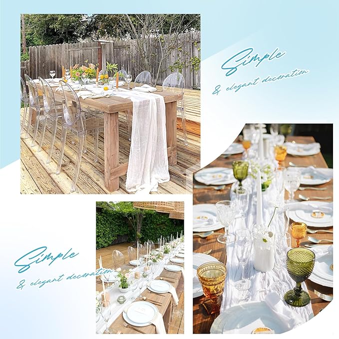 Aktor 4 Pack White Table Runner Boho Cheesecloth Table Runner Semi Sheer Gauze Fabric Runners for Wedding Birthday Baby Shower Party Boho Table Decoration（White）