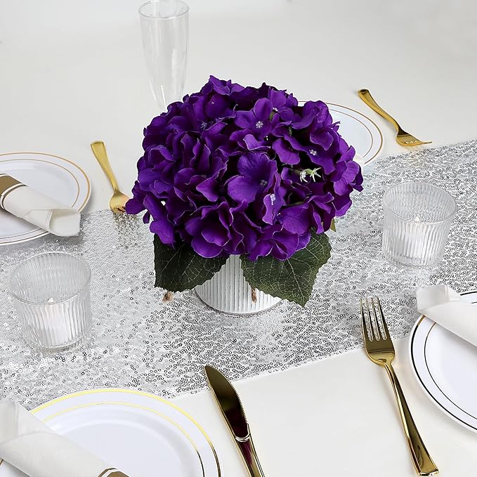 Flower Table Centerpieces - Set of 6 Floral Arrangement Artificial Wedding Hydrangeas Floral Arrangement with Rustic Metal Vase for Bridal Tea Party Event Decorations - Deep Purple