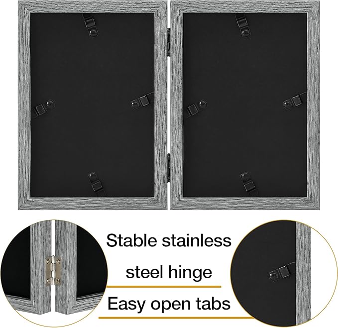 decorUhome Double 4x6 Picture Frame Vertical, Engineered Wood Bifold Photo Frame with Plexiglass for Tabletop Display, 4x6, Grey