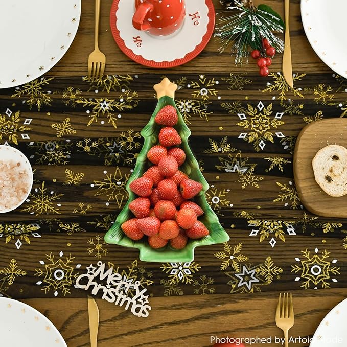 Artoid Mode Black Gold Snowflakes Christmas Gauze Table Runner 120 Inch 10FT, Winter Seasonal Sheer Dining Holiday Wedding Table Decor for Home Party