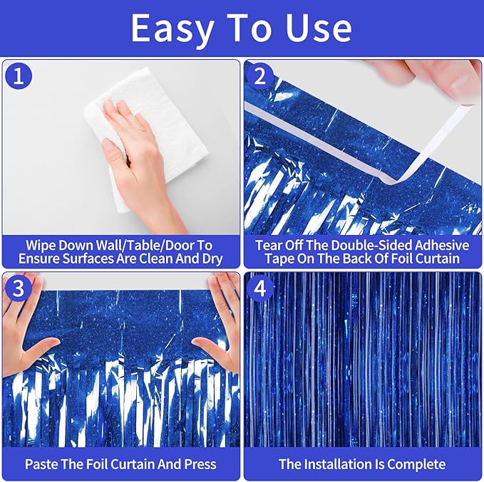Picoway 4 Pack Foil Fringe Tinsel Backdrop Curtains, Birthday Engagement Bachelorette Party Decorations, Photo Booth Props Door Streamers Curtain (Blue)