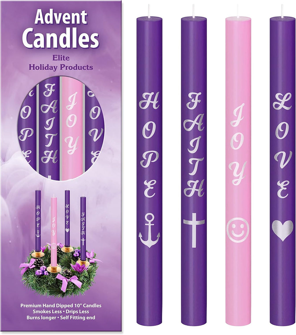 Advent Candles Set of 4 - Premium Printed Script Silver Letters & Pictures – Use with Advent Candle Holders, Advent Wreaths and Advent Rings - Dripless Taper Advent Candle for Christmas Church Décor