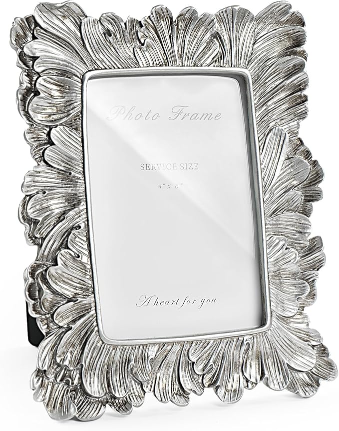 4x6 Silver Picture Frame, Vintage Silver Palm Leaves Textured Hand-Crafted Resin Frames with Glass Front, Elegant Retro Rustic Design Photo Frame for Wall and Tabletop Display Home Decor