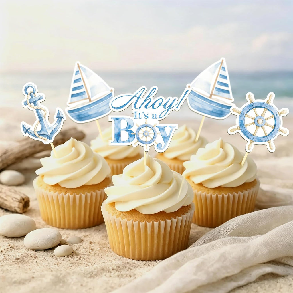 24 Pcs Ahoy It's a Boy Cupcake Toppers, Ahoy Its a Boy Baby Shower | Food Fruit Picks for Decoration Party Favors
