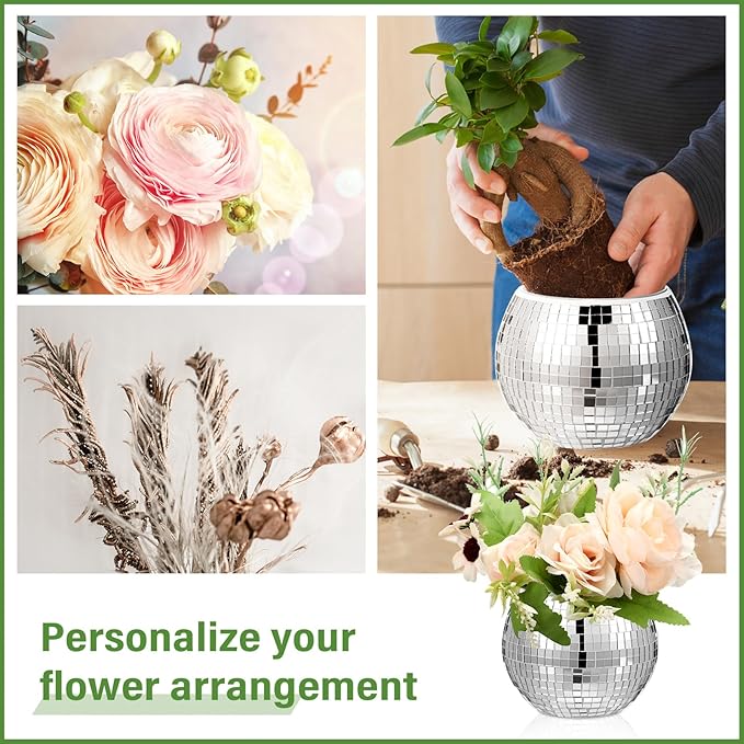 Jinei 24 Pcs Disco Vases Bulk Silver Mirror Disco Ball Flower Glass Ball Planter Candle Holder Glass Vase for Wedding Table Centerpieces Bedroom Office Birthday Decoration (3" X 4")