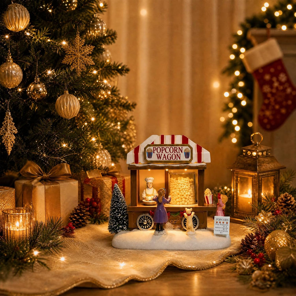 mumtop christmas village house, animated popcorn wagon with, front angle view