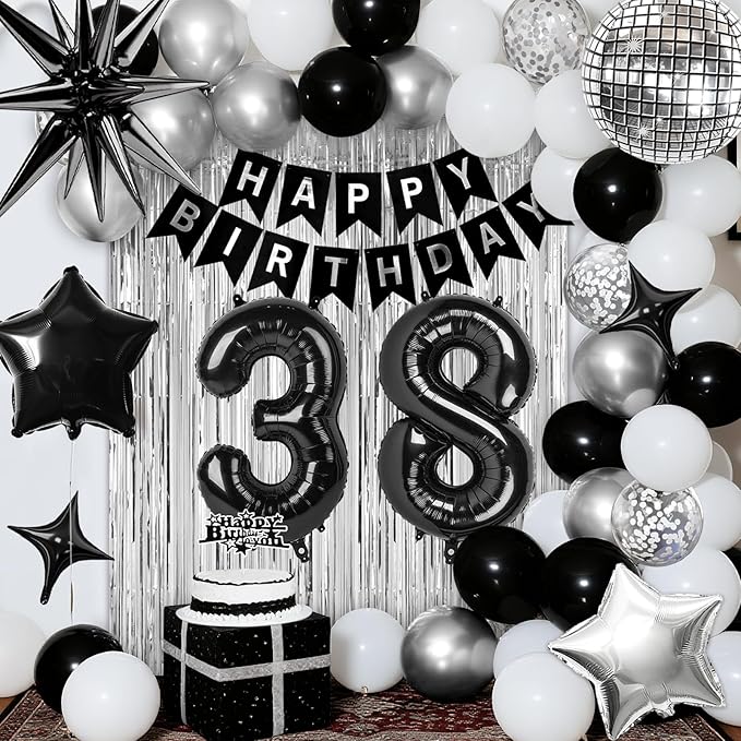 38th Birthday Decorations for Men Women, Black Silver Happy Birthday Party Decorations， 38 Year Old Party Supplies with Number 38 Balloons, Banner, Fringe Curtains Kit