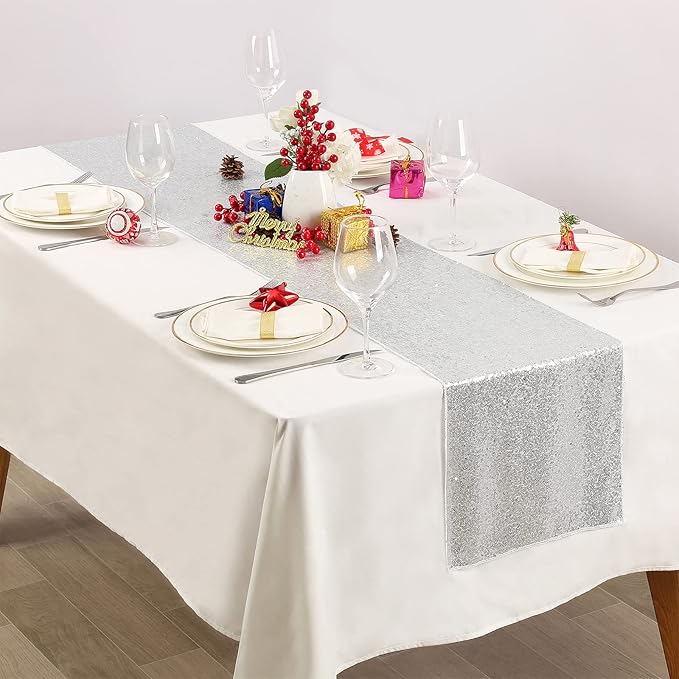 Silver Sequin Table Runners 10 Packs 12x108 Inches Holiday Celebration Sparkly Table Runners for Birthday Party Supplies Decorations